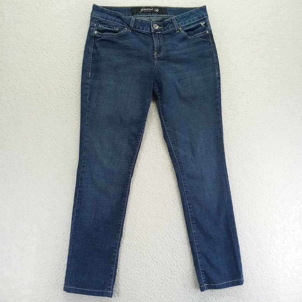 Grane Womens Straight Leg Jeans Dark Wash Blue Embroidered Pockets Size 11 Short